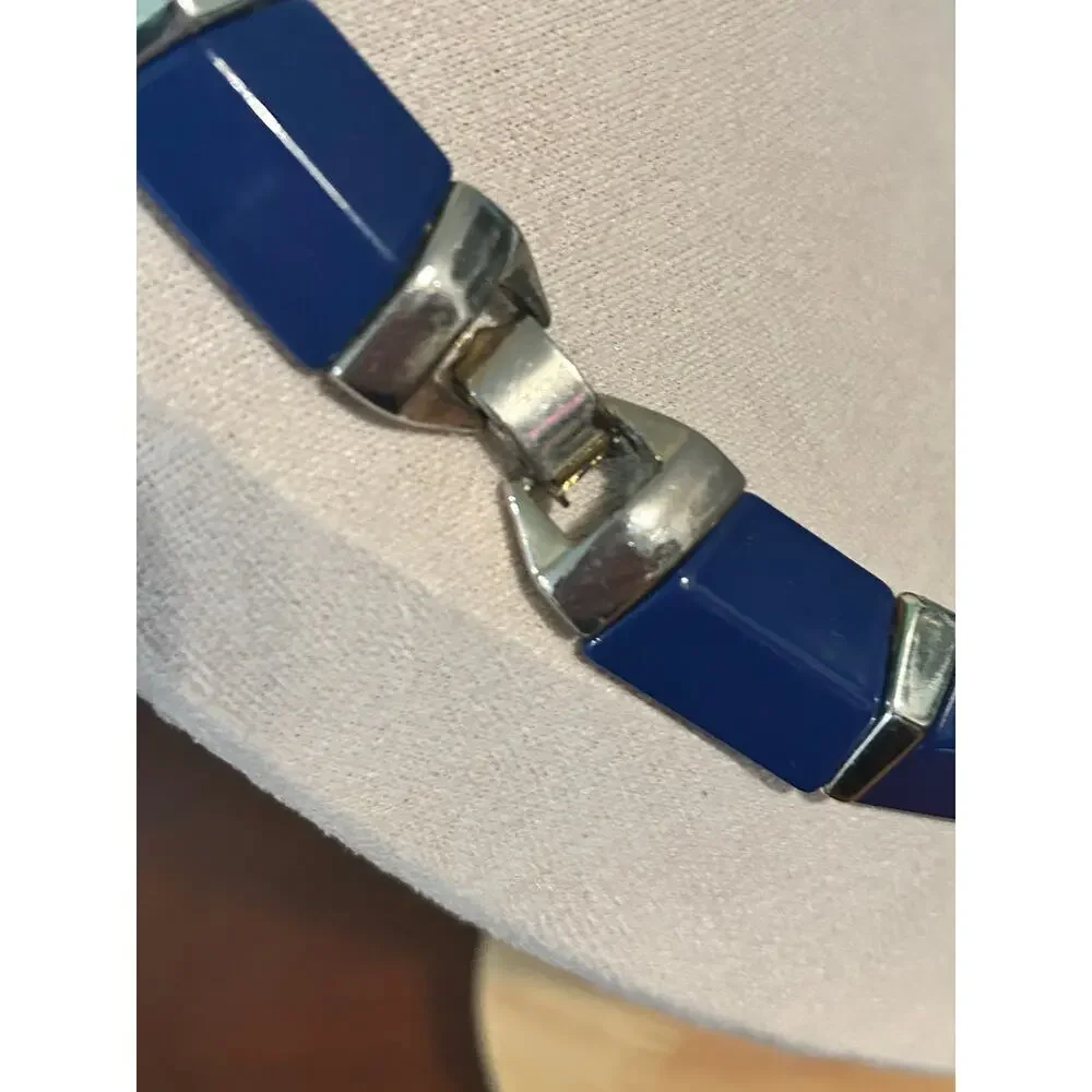 Vintage Cobalt Blue Lucite Panel Collar Necklace Gold Tone Mid Century Retro